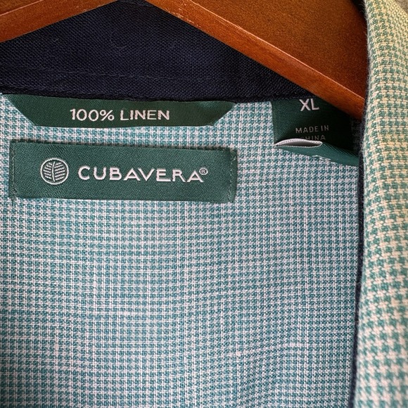 Cubavera Men's 100% Linen Two Pocket Pin Tuck Shirt, Blue Green White Check XL - Picture 2 of 9